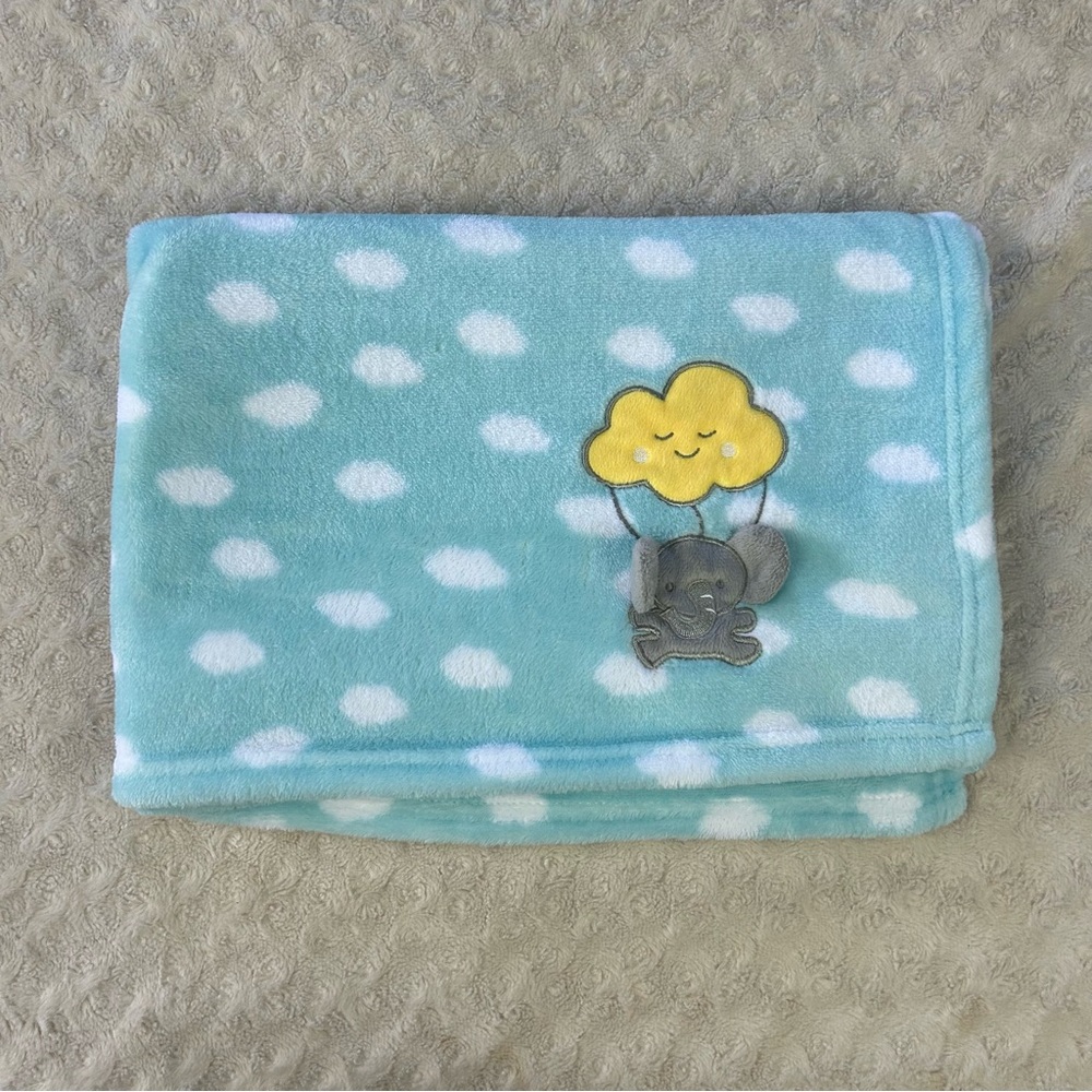 Le Bebe Favorite Elephant Clouds Baby Blanket Aqua Blue White Yellow Gray